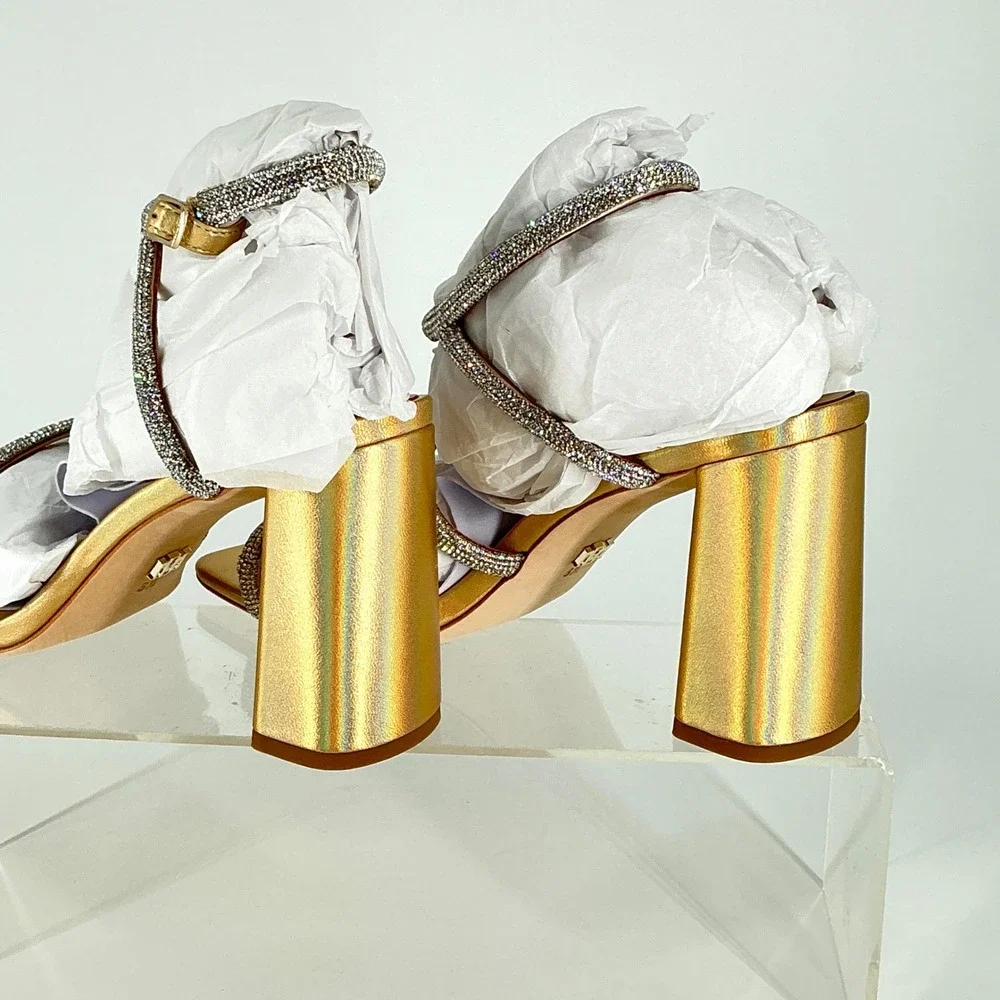 Badgley Mischka Silver Crystal-Strap Gold Block Heel Sandals